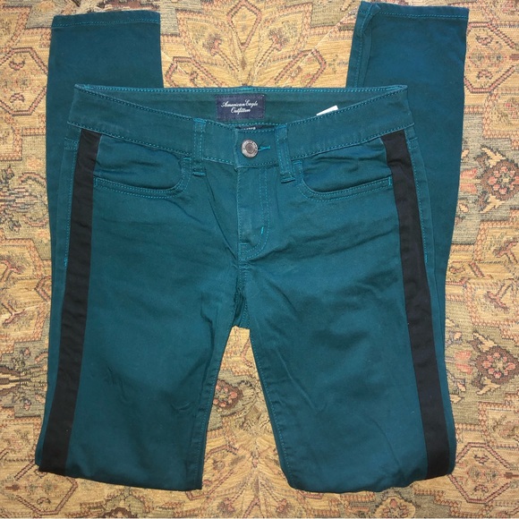 American Eagle Size 2 Tuxedo Pants Teal w/ Black Stripe Low Rise Skinny Jegging - Picture 1 of 7